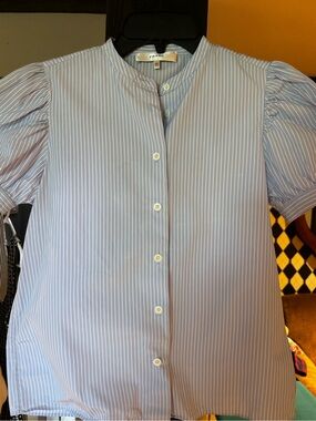 Frame Denim Blue and White Pinstripe Puff Sleeve Button Front Top
